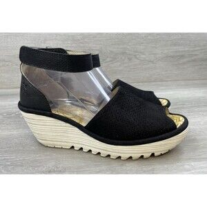 Fly London Yala Women's Sandal Black Suede Wedge Platform 9 Comfort Strap Shoes
